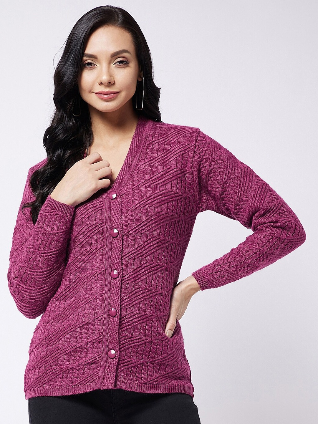 

RIVZA Women Pink Solid Cardigan Sweaters