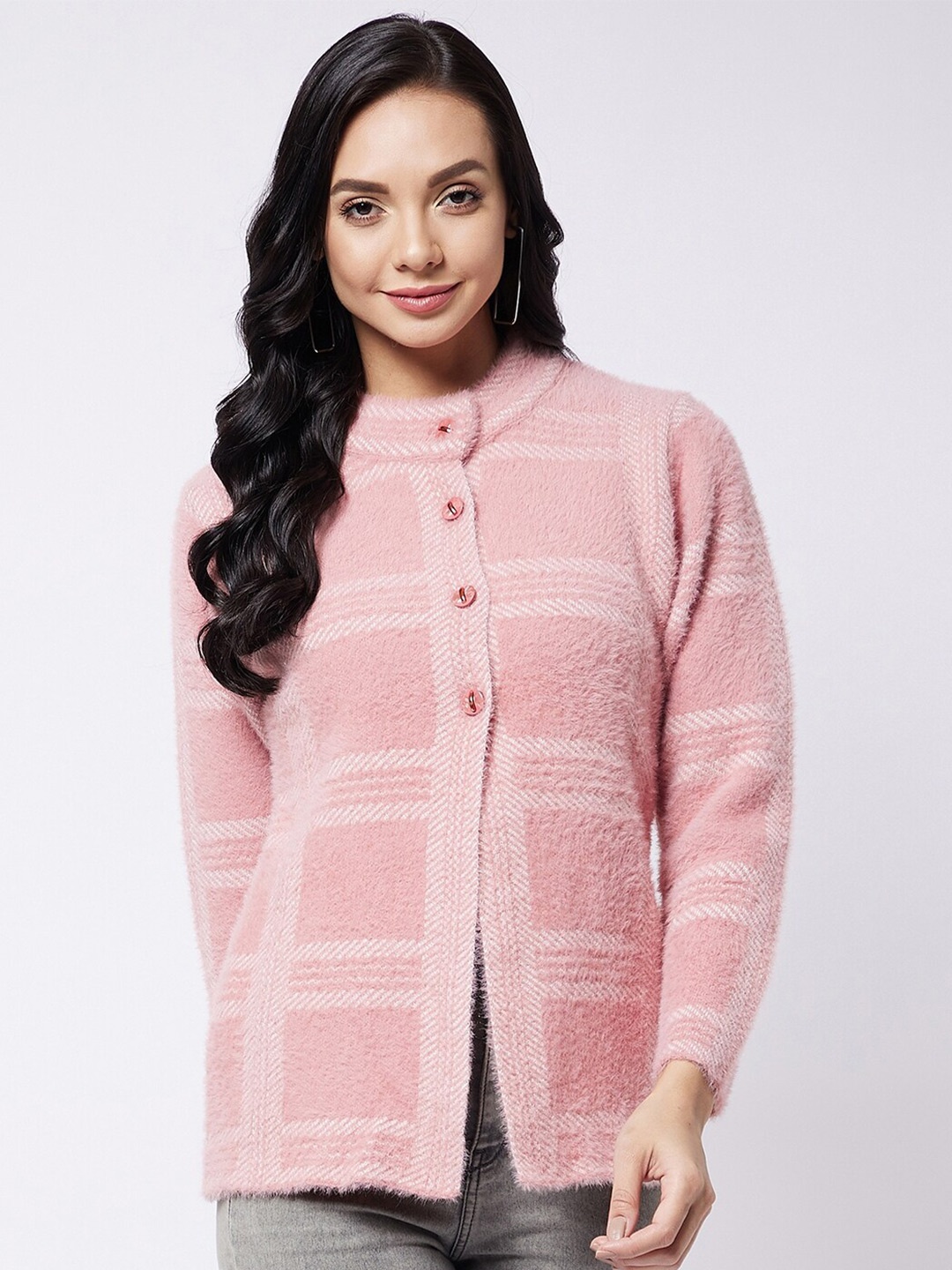 

RIVZA Women Pink & White Checked Cardigan