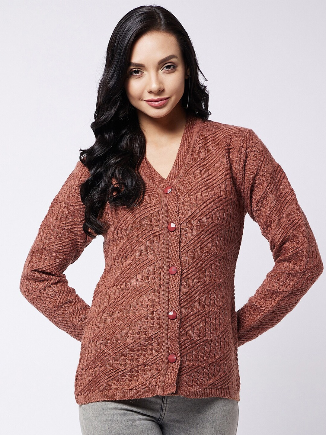 RIVZA Women Brown V Neck Cardigan Sweaters