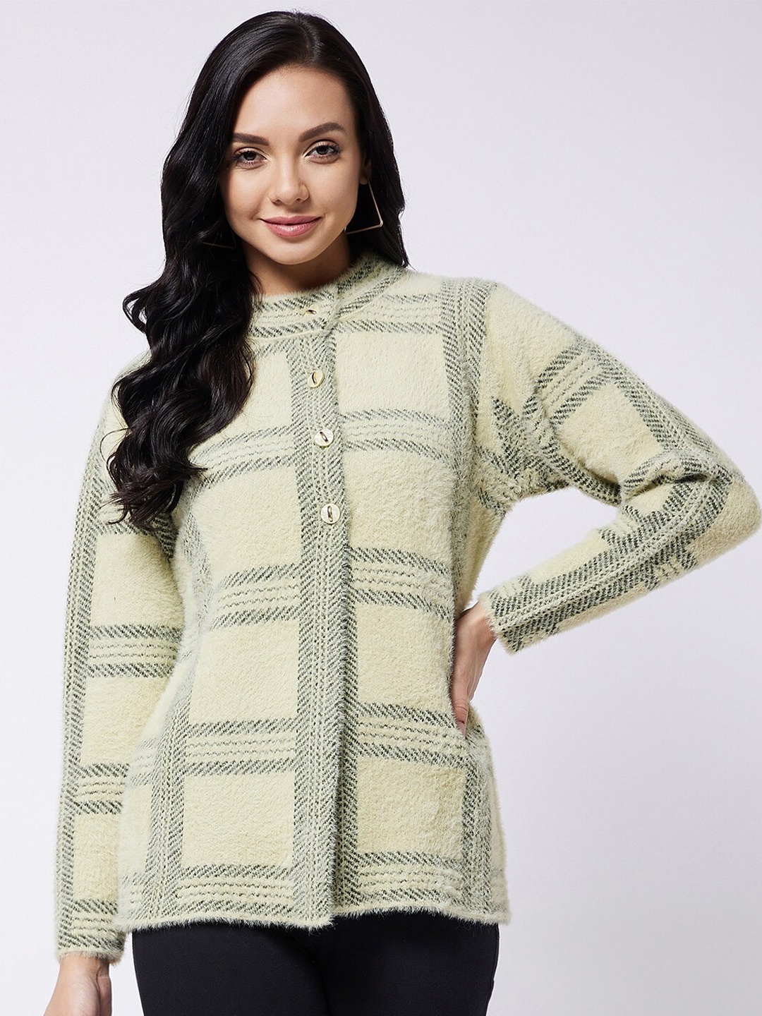 

RIVZA Women Green & Grey Checked Cardigan