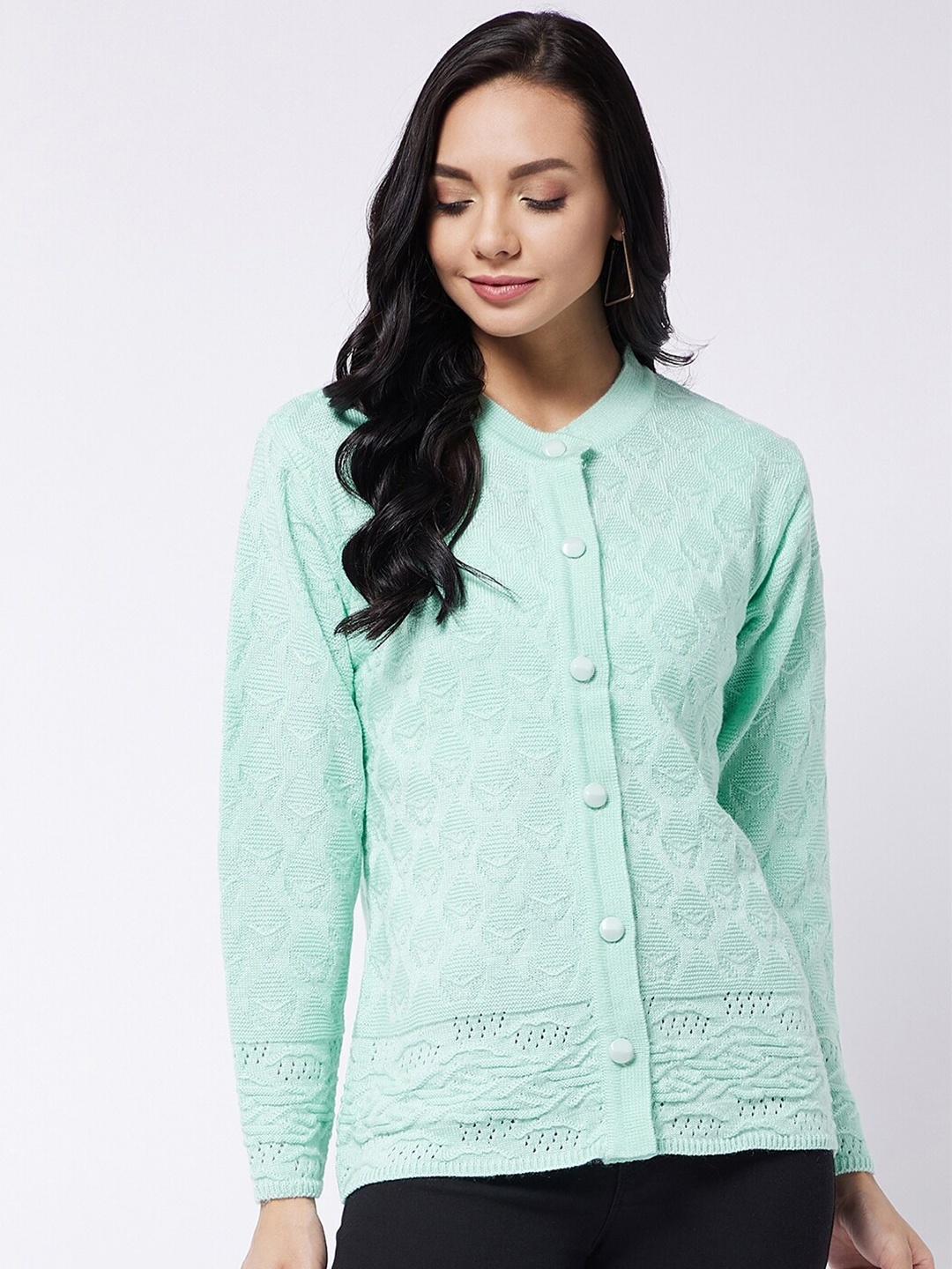 

RIVZA Women Sea Green Floral Round Neck Cardigan