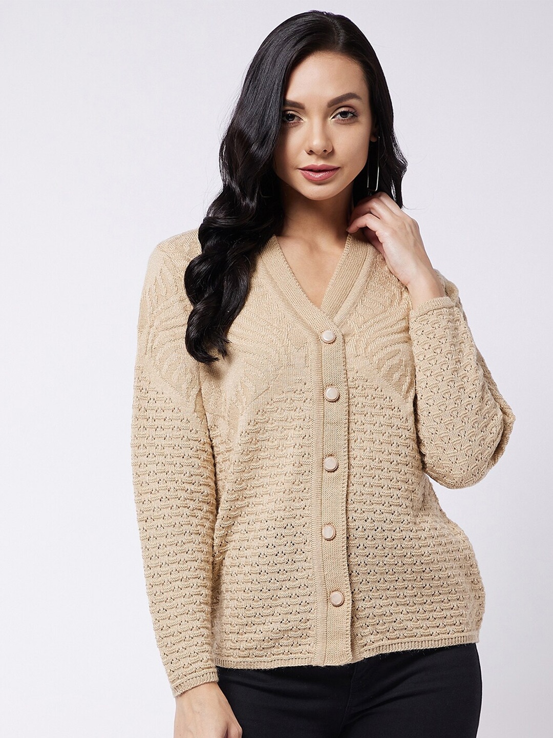

RIVZA Women Cream-Coloured Cardigan Sweater
