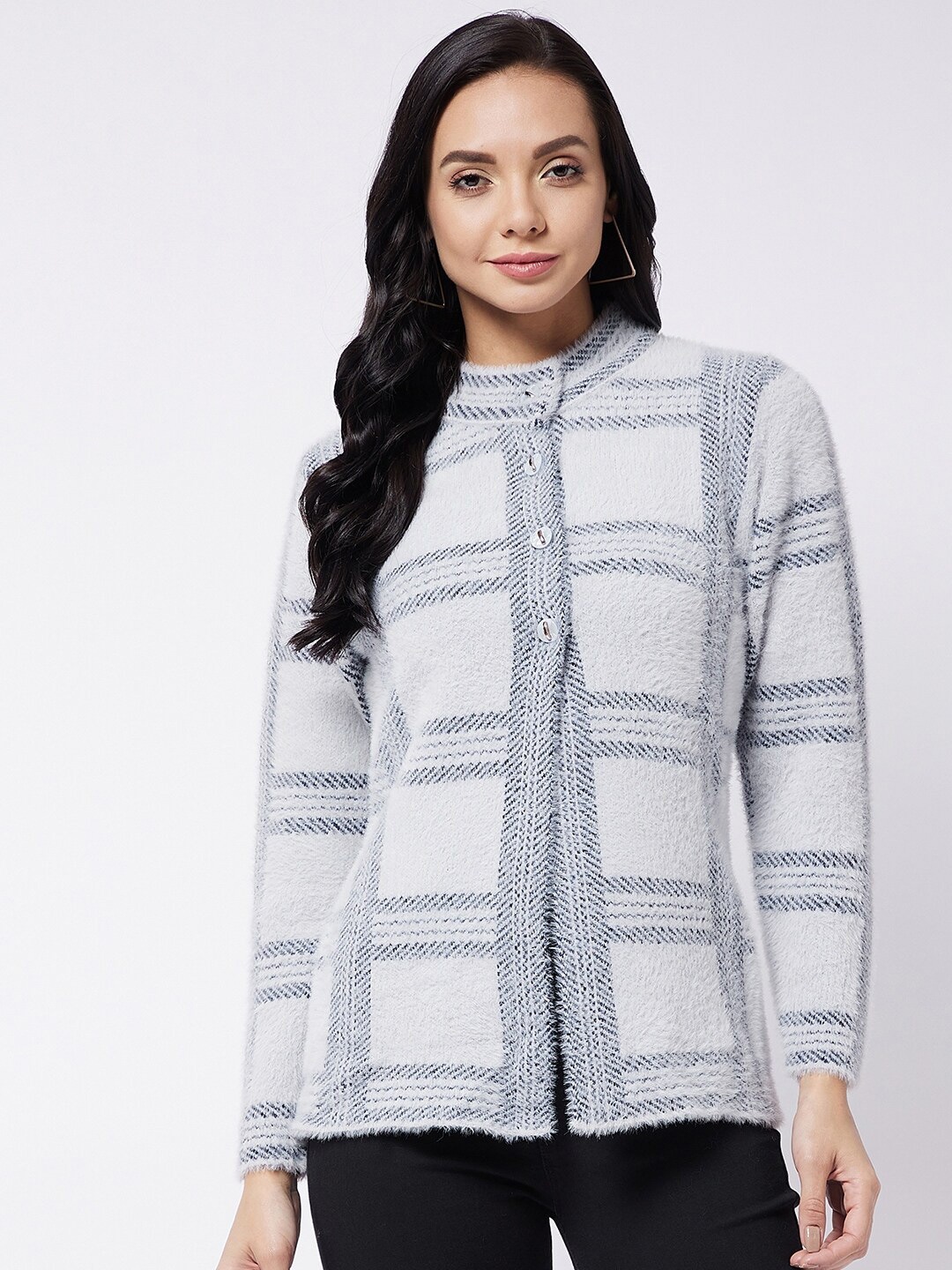 

RIVZA Women Grey & White Checked Cardigan Sweaters