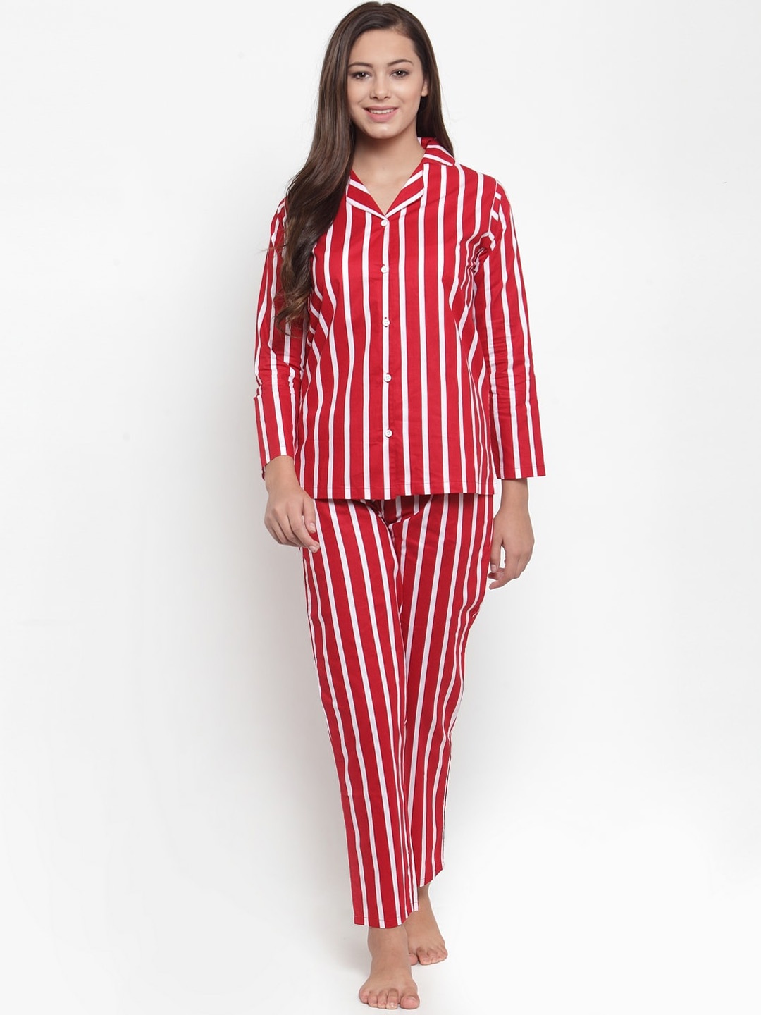 

Claura Women Red & White Striped Night suit
