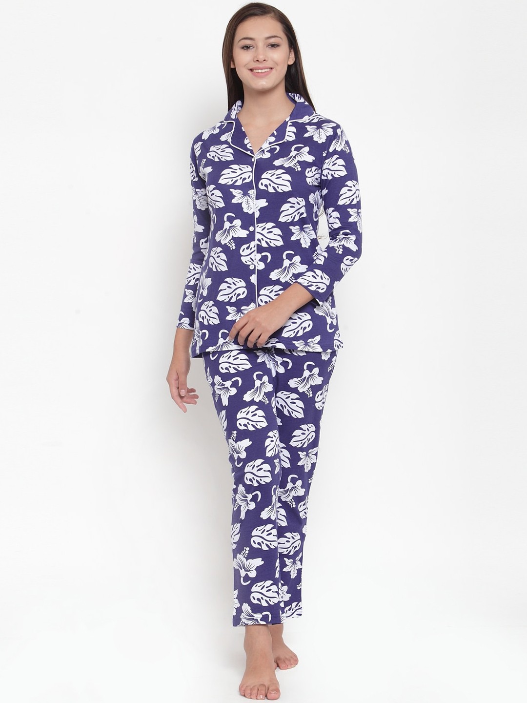 

Claura Women Blue & White Printed Cotton Night suit