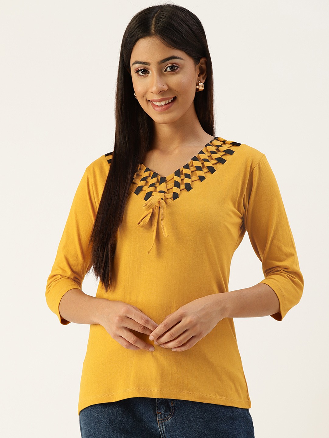 

Kushi Flyer Women Mustard Yellow & Black V-Neck Cotton T-shirt