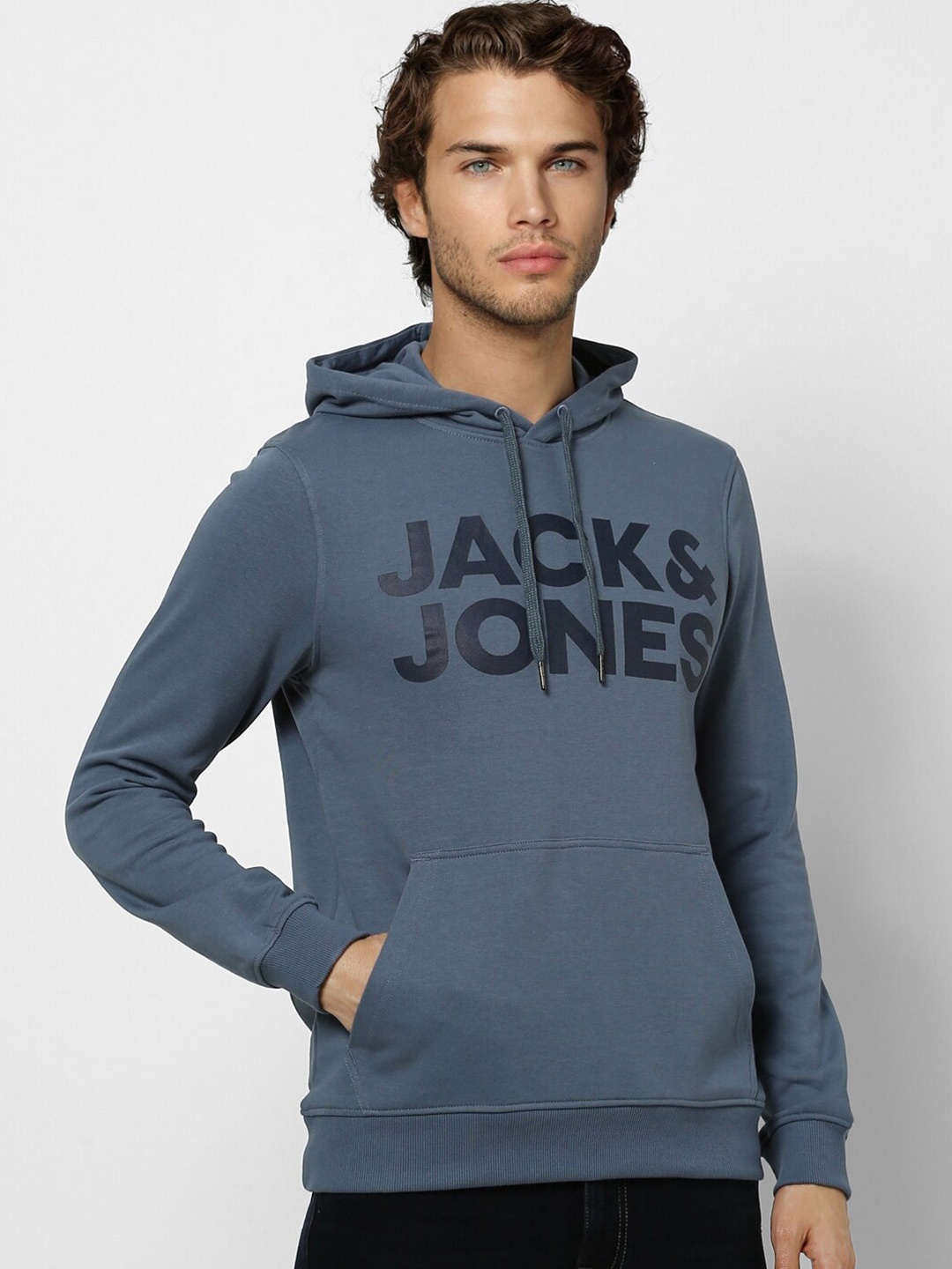 

Jack & Jones Men Blue Printed Hooded Sweatshirt