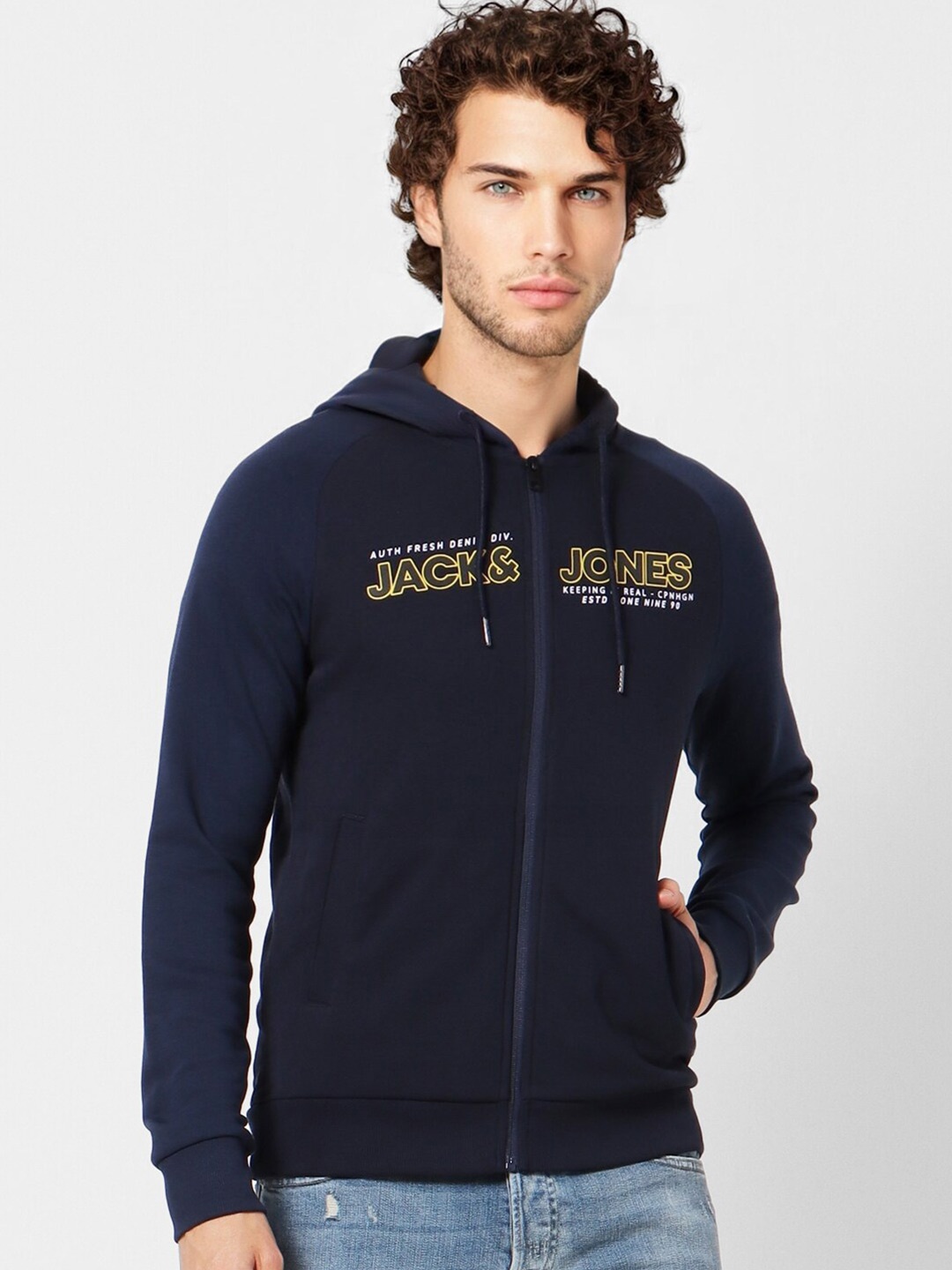 

Jack & Jones Men Navy Blue Printed Hooded Cotton Sweatshirt