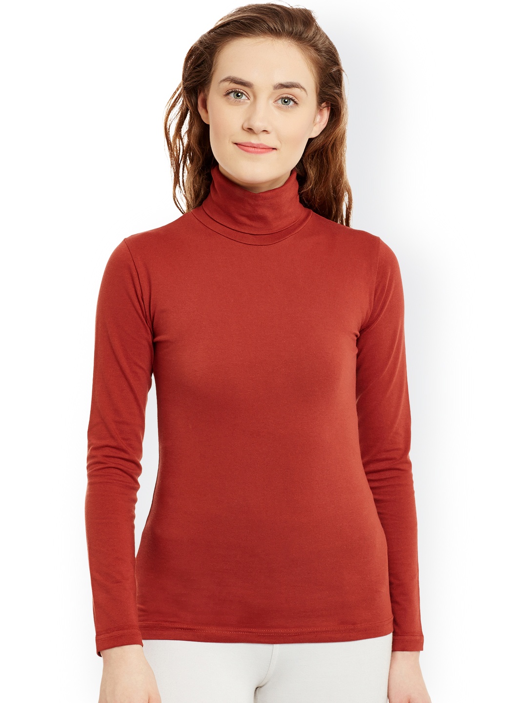 

Hypernation Women Rust Red Slim Fit Turtle Neck T-shirt