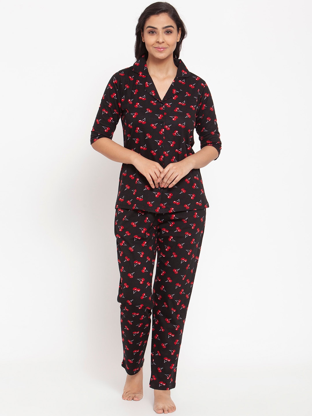 

Claura Women Black & Red Printed Pure Cotton Night suit
