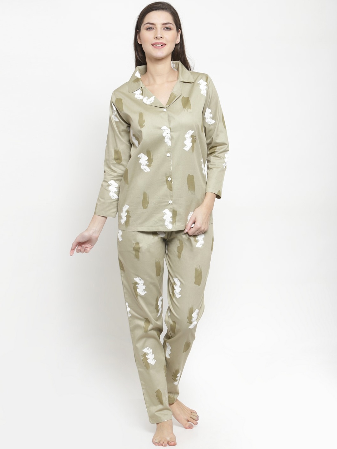 

Claura Women Cotton Green & White Printed Night suit