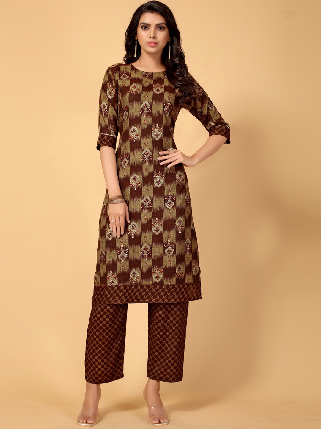 

AA-HA Women Brown Ethnic Motifs Printed Kurta with Palazzos