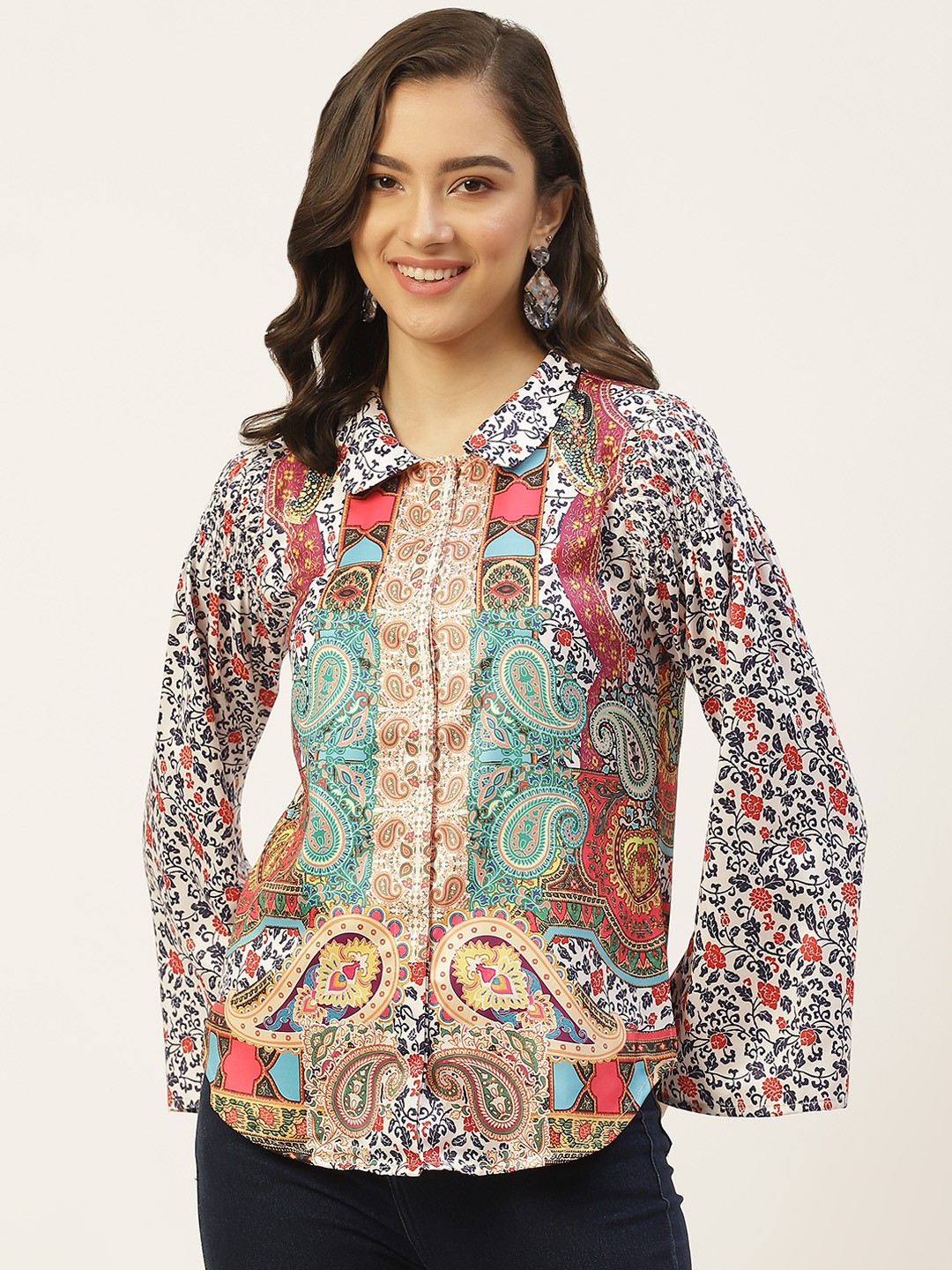 

SHAYE Women Multicoloured Print Satin Shirt Style Top, Multi