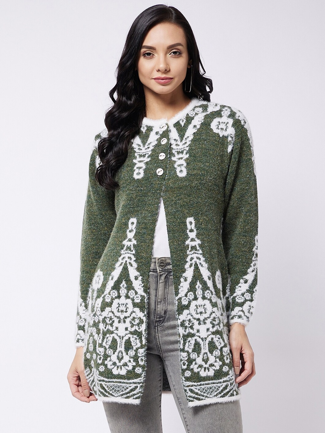 

RIVZA Women Green & White Floral Longline Cardigan
