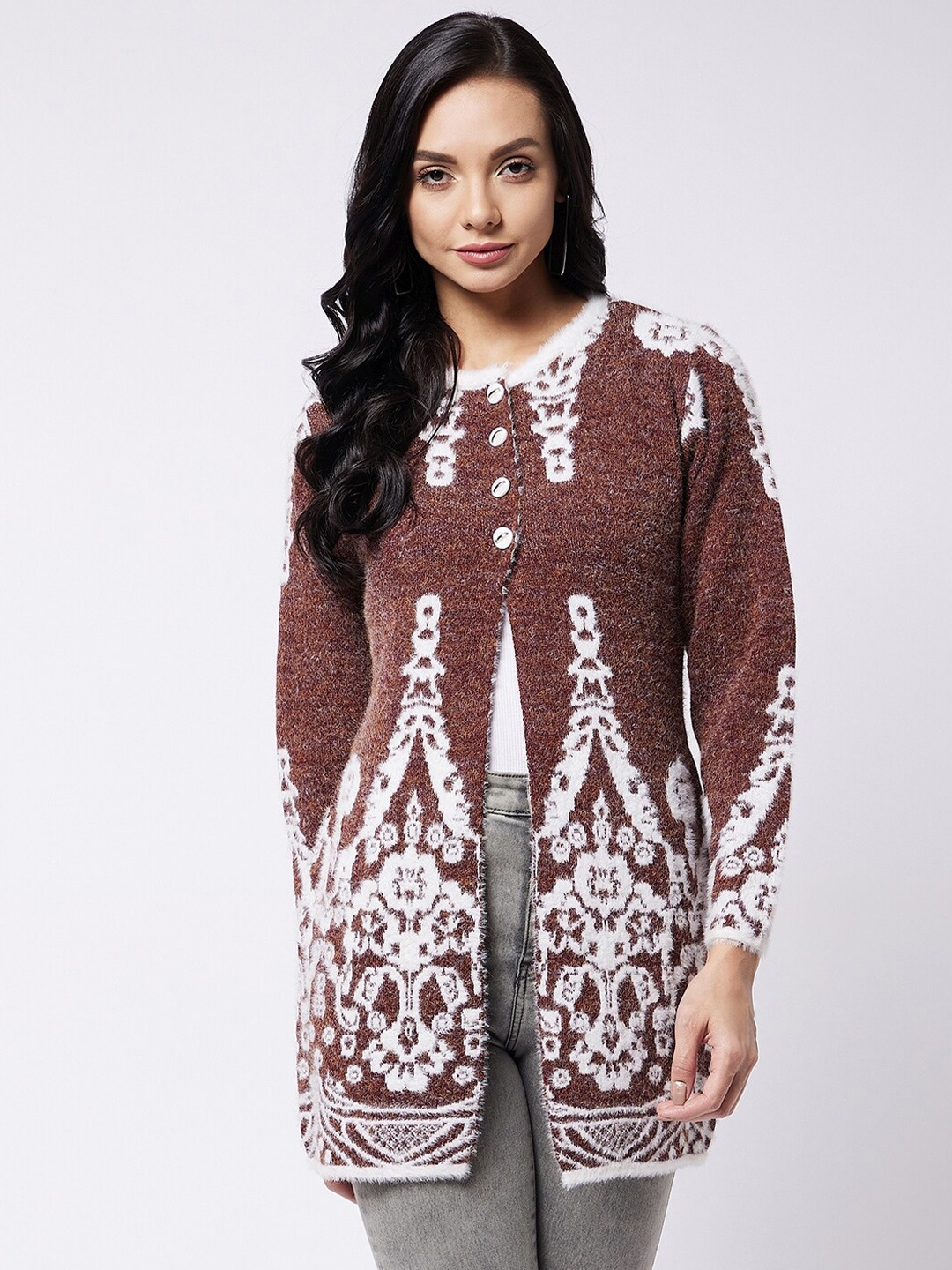 

RIVZA Women Maroon & White Floral Round Neck Longline Cardigan
