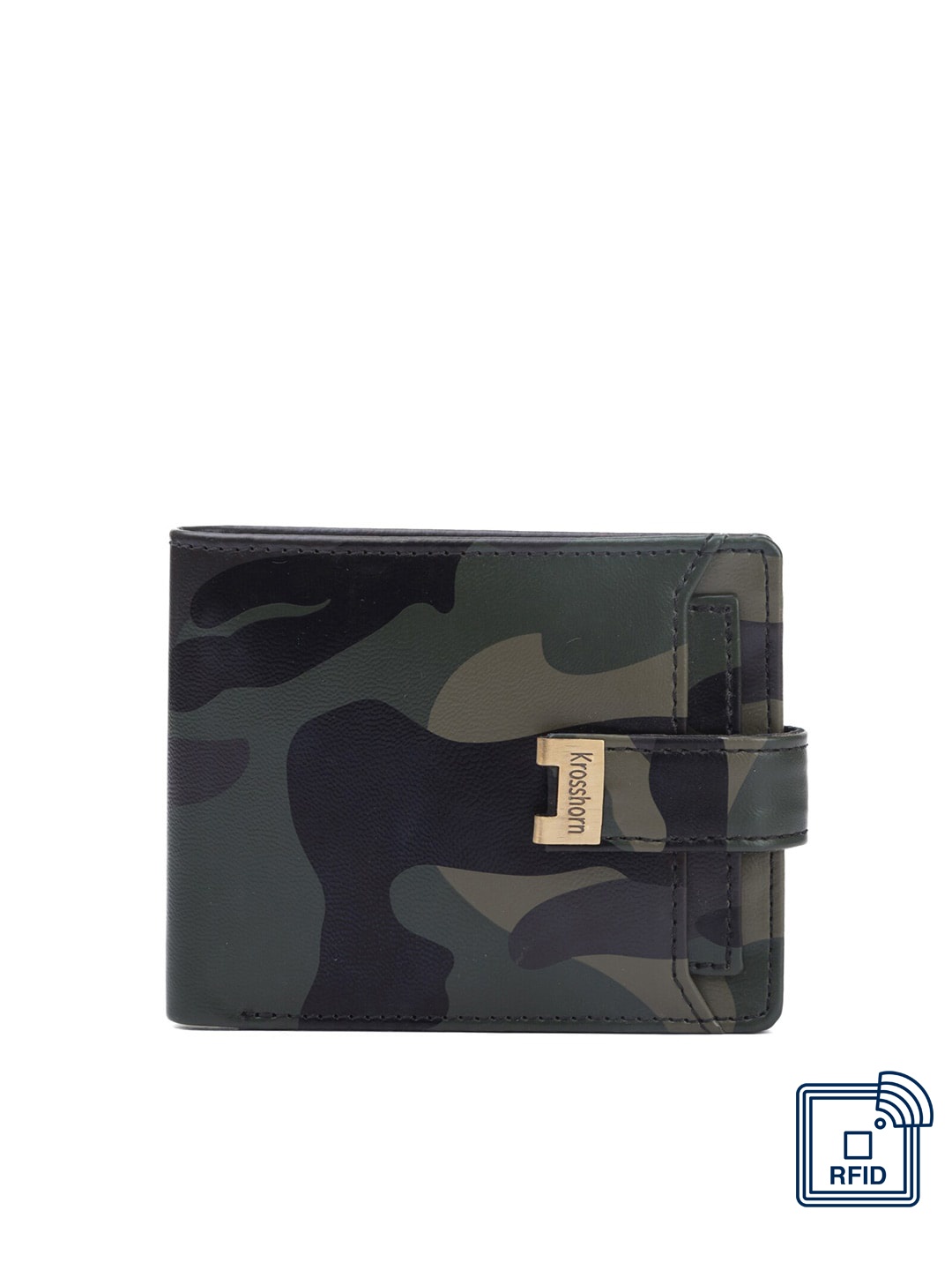 

Krosshorn Men Green & Black Camouflage Printed Two Fold Wallet