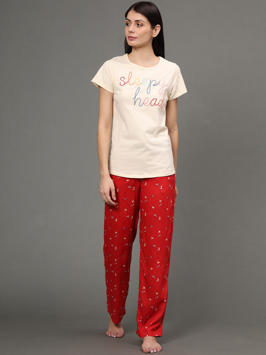 

BStories Women Cream-Coloured & Red Printed Night suit