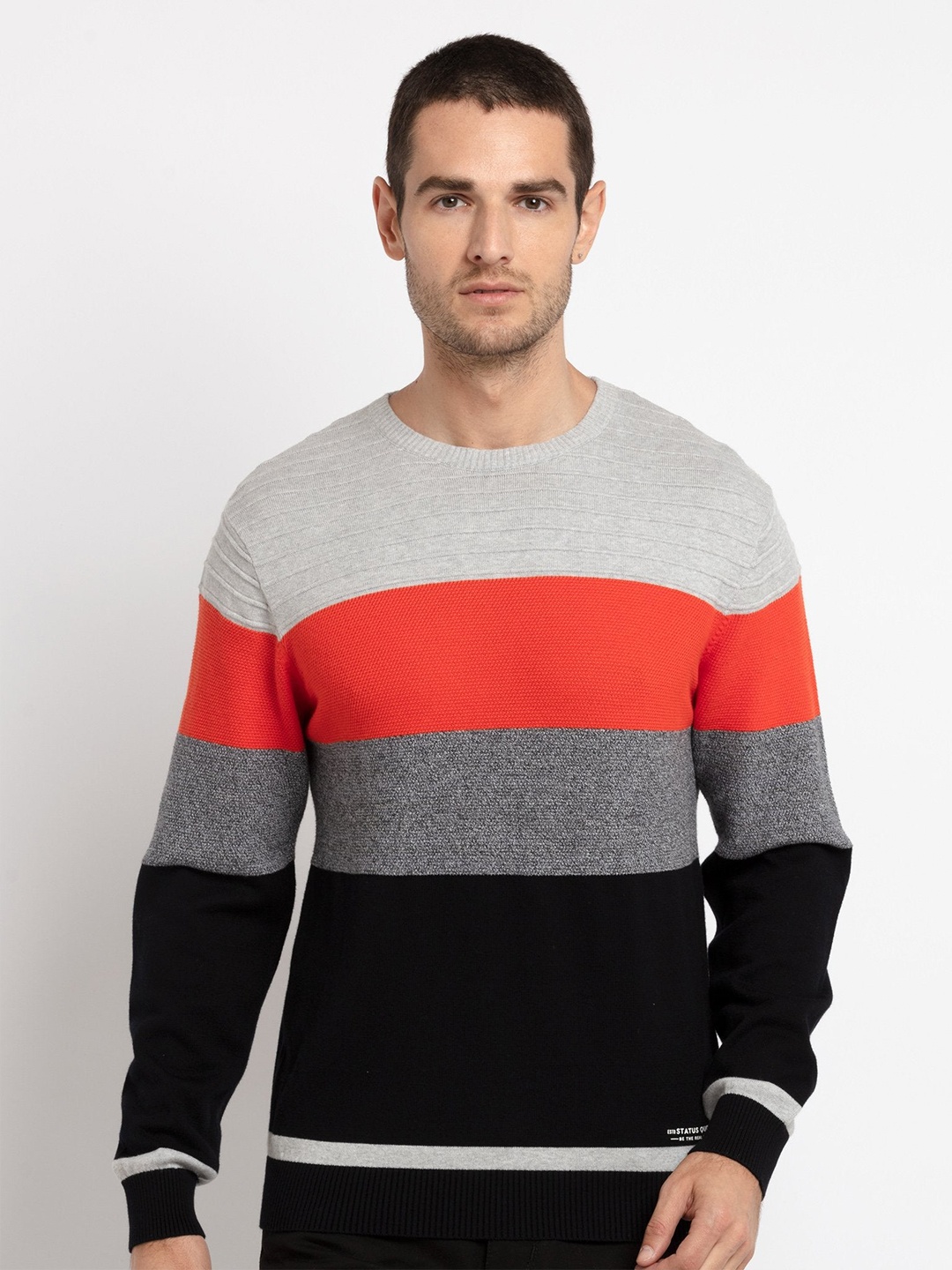 

Status Quo Men Orange & Black Colourblocked Pullover