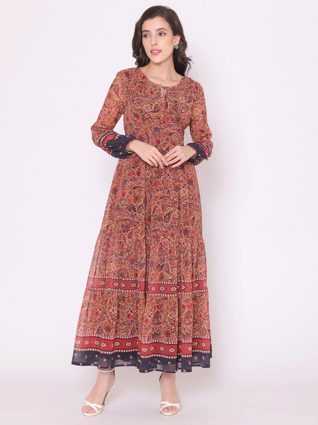 

FLAWLESS Women White Ethnic Motifs Chiffon Maxi Dress