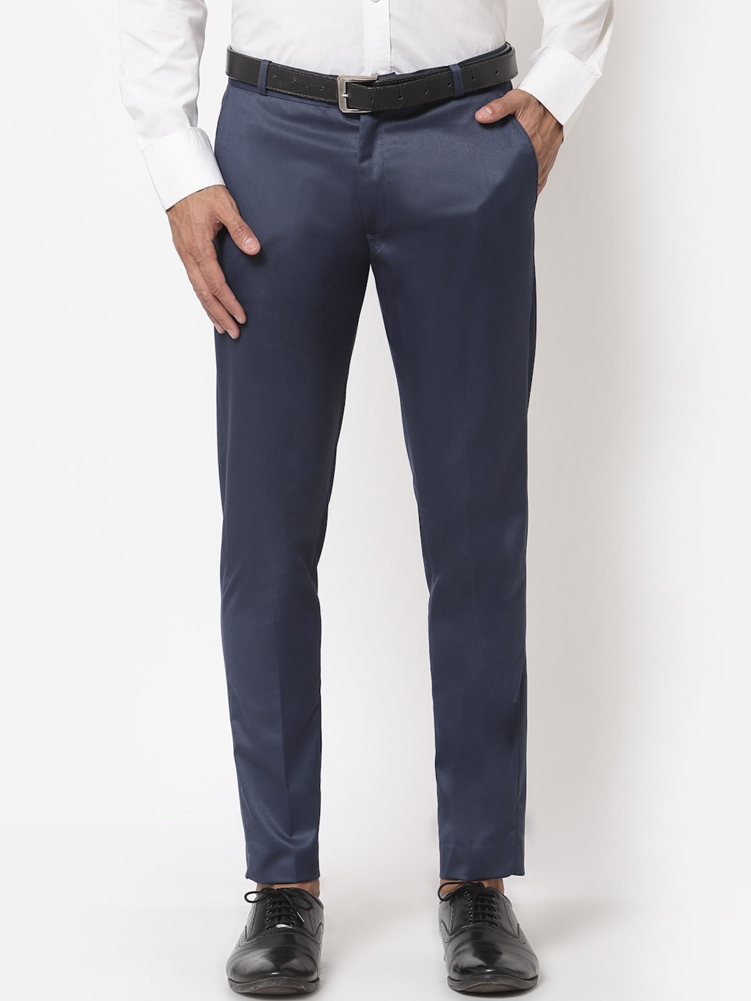 

Sam and Jack Men Navy Blue Smart Skinny Fit Chambray Trousers