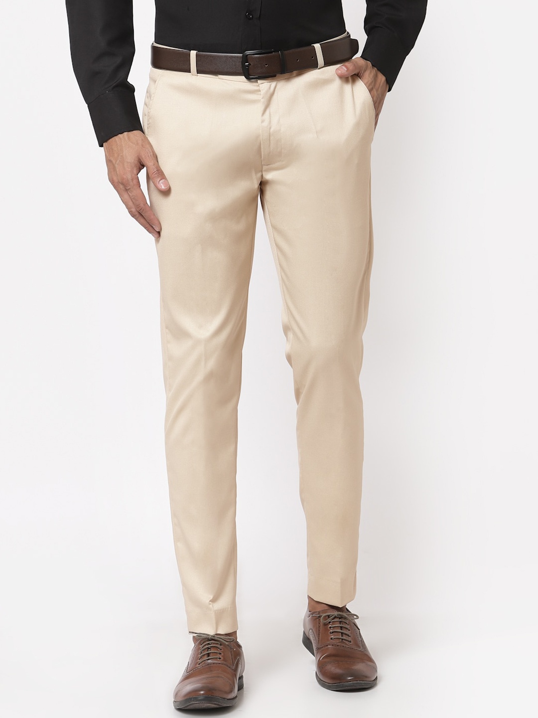 

Sam and Jack Men Cream-Coloured Smart Skinny Fit Chambray Trousers