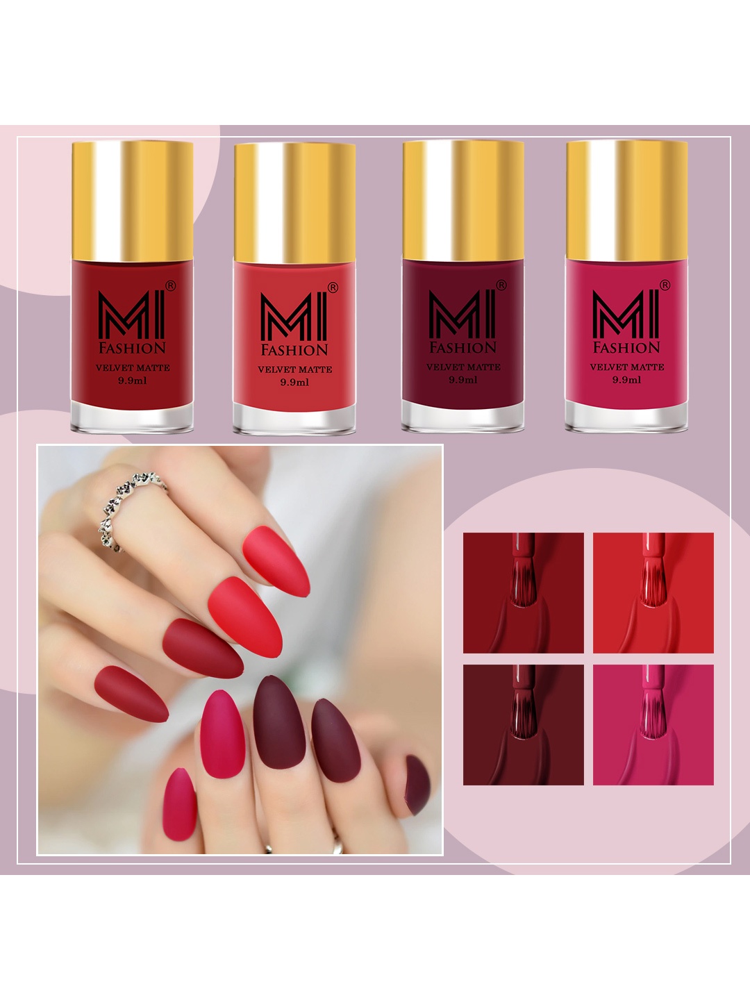 

MI FASHION Set of 4 Modern Velvet Matte Long Lasting Nail Polish - 9.9 ml Each, Red