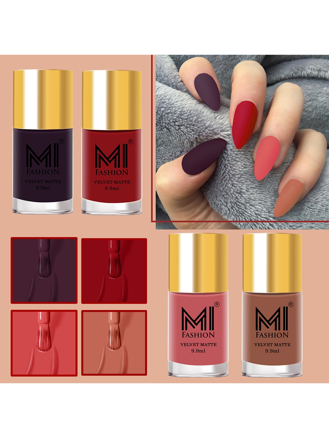 

MI FASHION Set of 4 Soft Smooth Velvet Matte Long Lasting Nail Polish - 9.9ml each, Brown