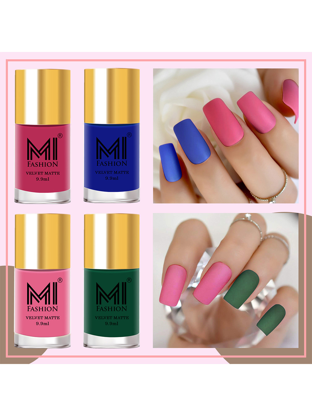 

MI FASHION Set of 4 Velvet Matte Long Lasting Nail Polish - 9.9 ml Each, Pink