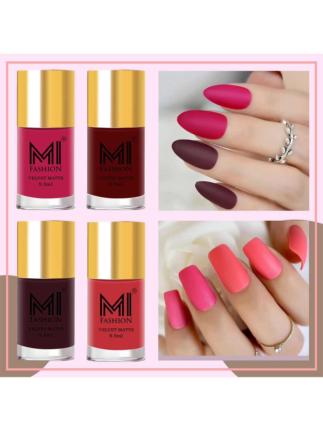 

MI FASHION Set of 4 Velvet Matte Long Lasting Nail Polish - 9.9 ml Each, Pink