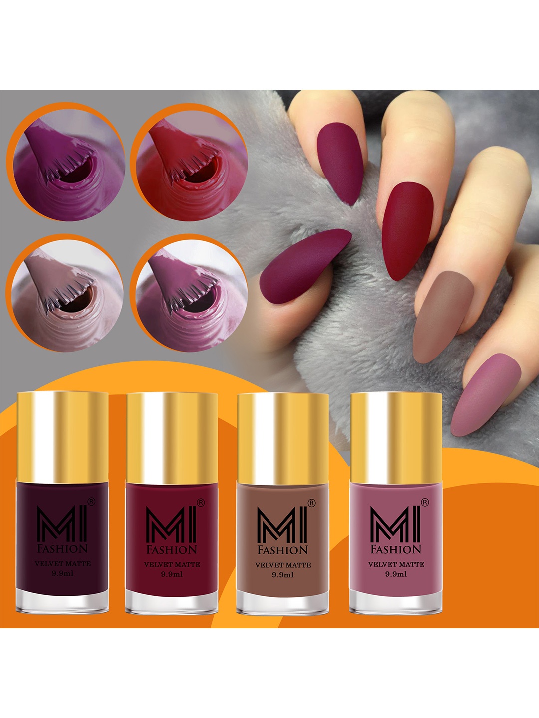 

MI FASHION Set of 4 Velvet Matte Long Lasting Nail Polish - 9.9 ml Each, Purple