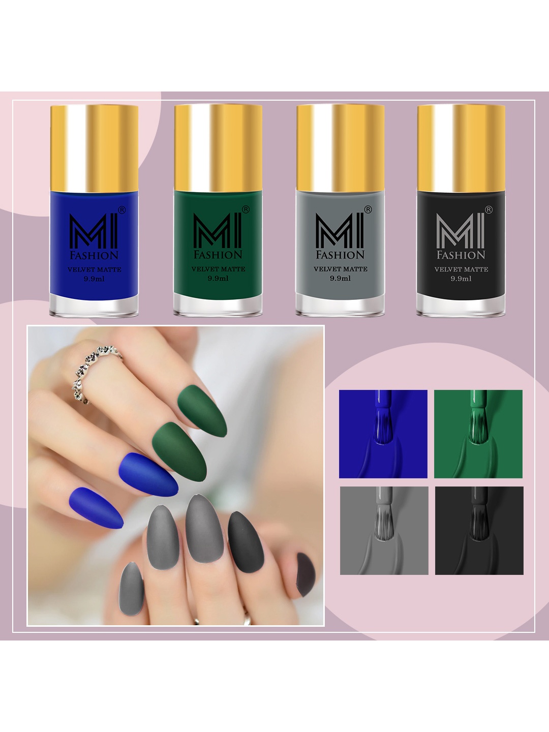 

MI FASHION Set of 4 Modern Velvet Matte Long Lasting Nail Polish - 9.9 ml Each, Blue