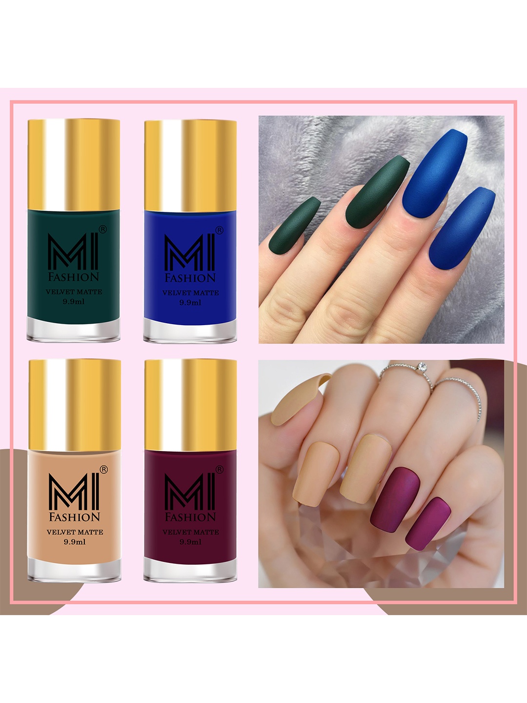 

MI FASHION Set of 4 Velvet Matte Long Lasting Nail Polish - 9.9 ml Each, Blue