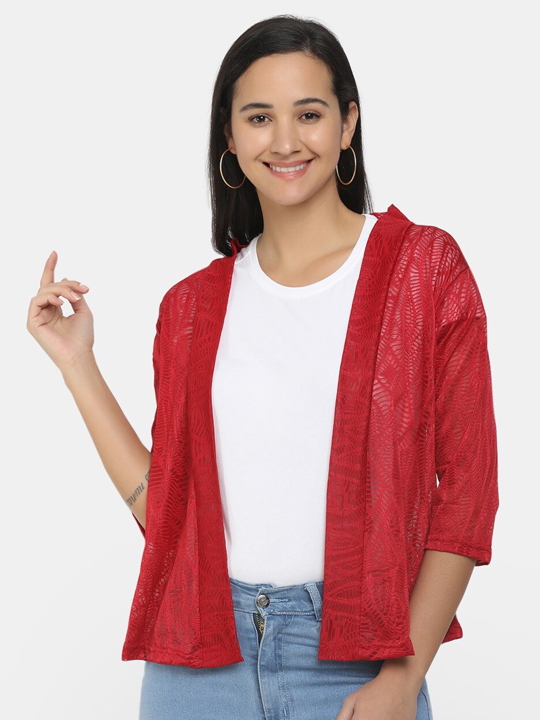 

V-Mart Women Maroon Self Design Open Front Shrug