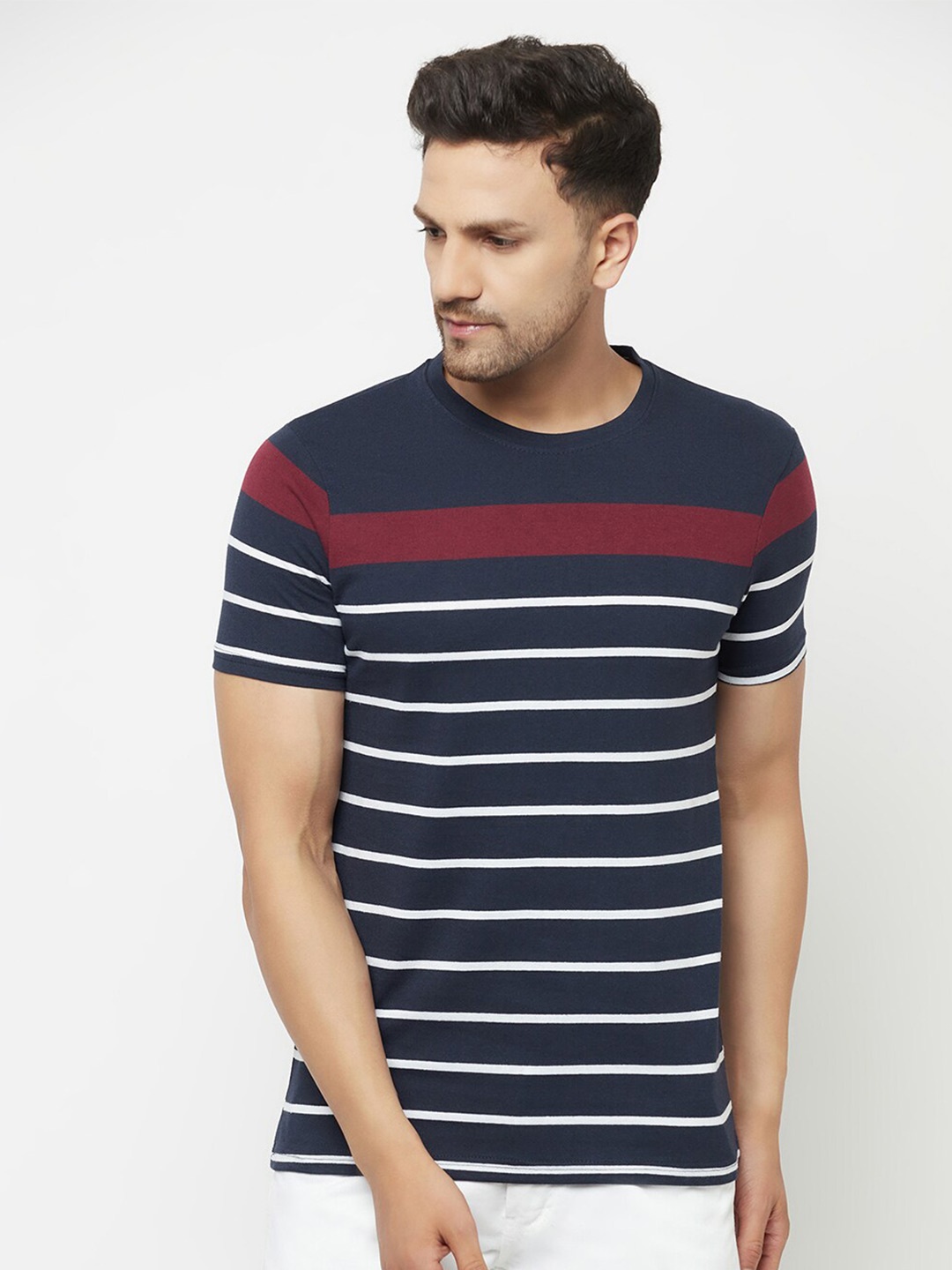 

ELEGANCE Men Blue and White Striped T-shirt
