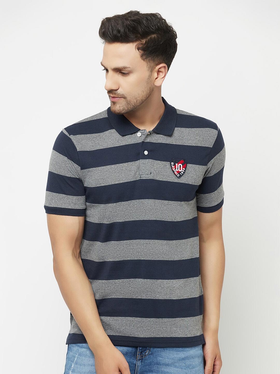

ELEGANCE Men Grey & Navy Blue Striped Polo Collar Applique T-shirt
