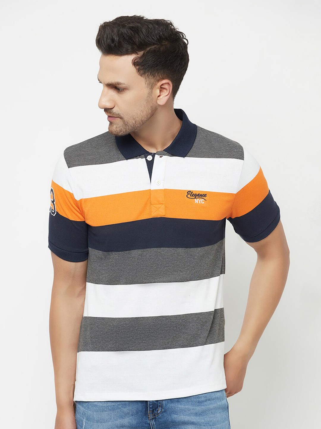 

ELEGANCE Men Multicoloured Striped Polo Collar T-shirt, Yellow