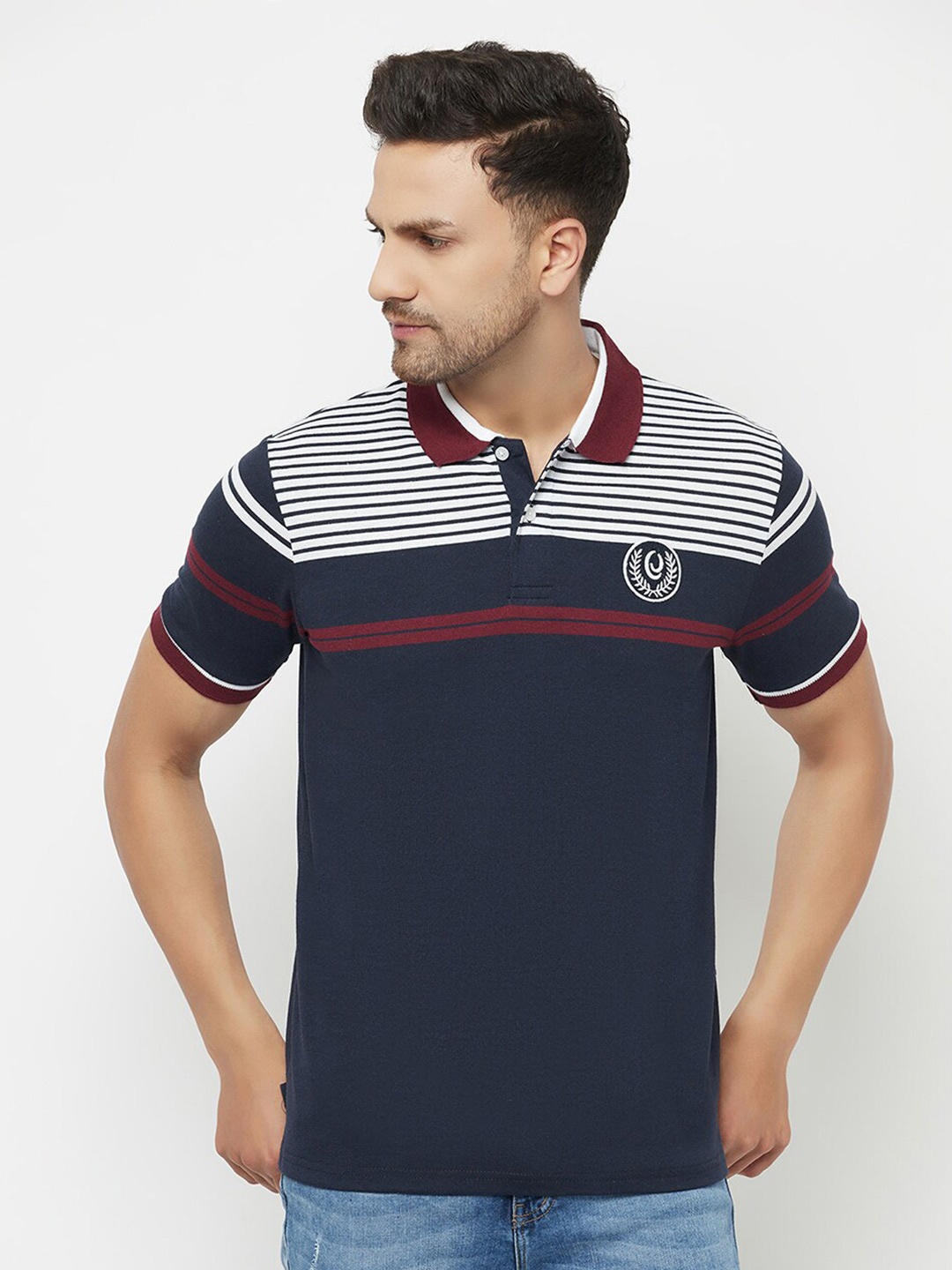

ELEGANCE Men Navy Blue, White & Maroon Striped Polo Collar T-shirt
