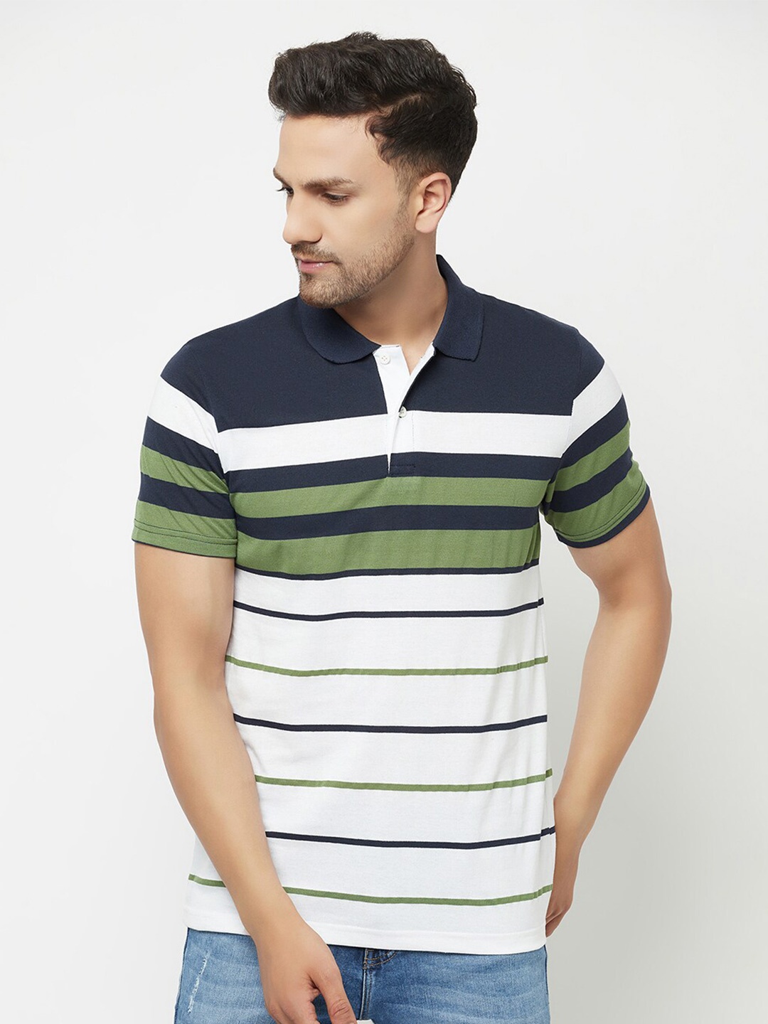 

ELEGANCE Men White & Navy Blue Striped Polo Collar T-shirt