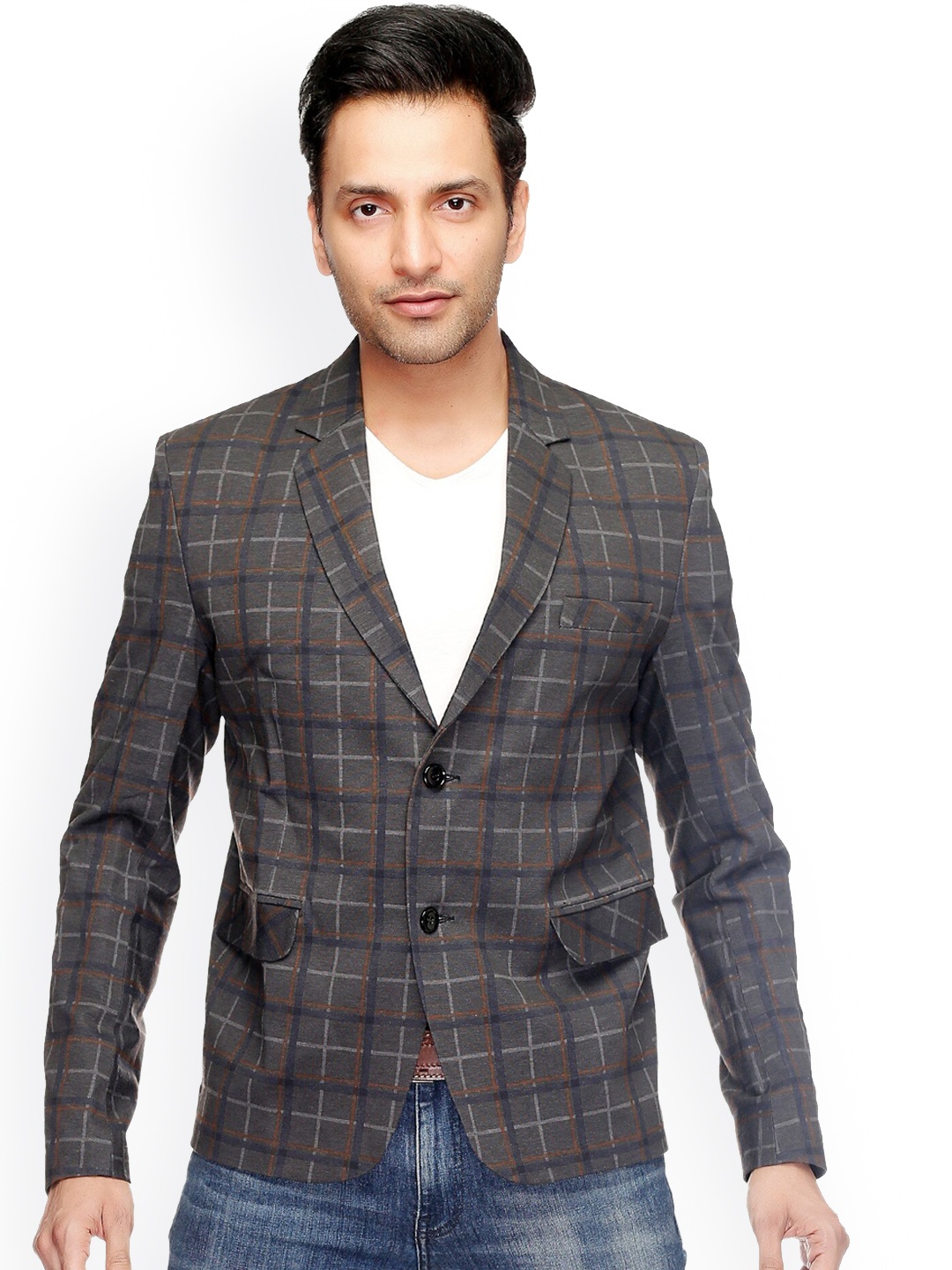 

MABYN Men Grey Checked Single-Breasted Casual Blazer