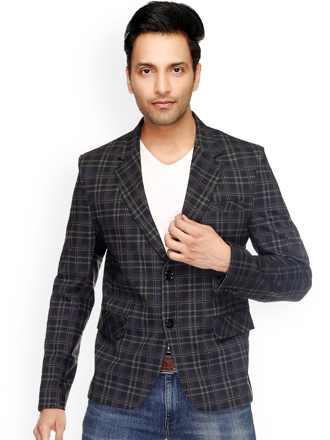 

MABYN Men Grey Checked Printed Blazers