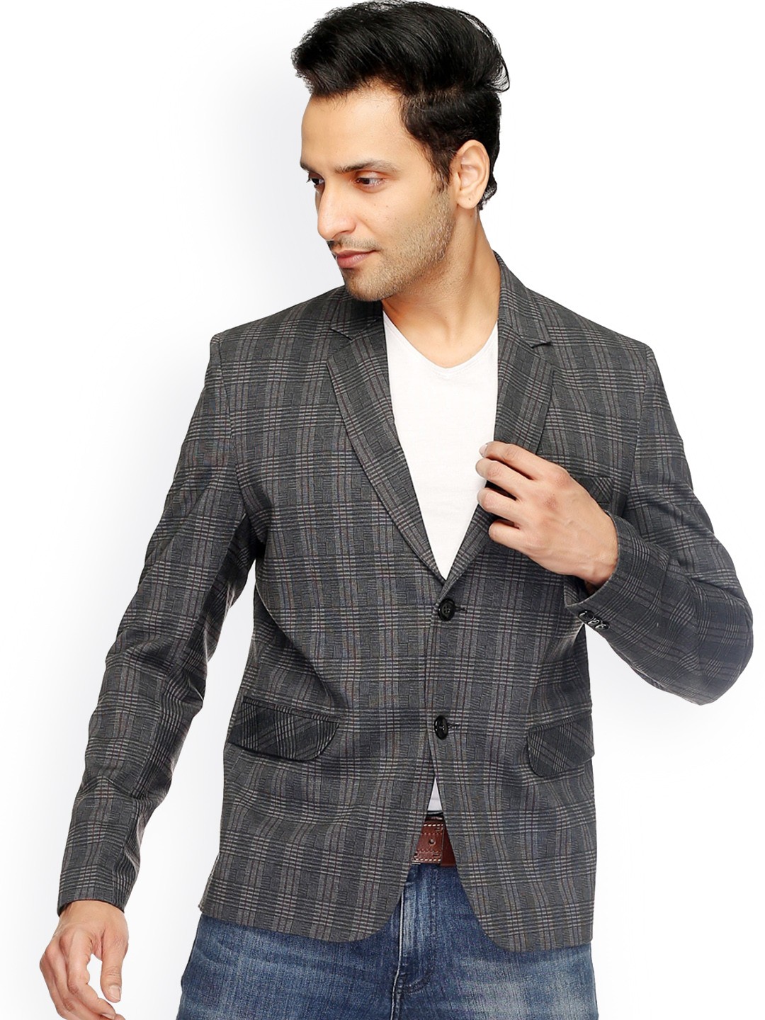 

MABYN Men Grey Striped Single Breasted Casual Blazers