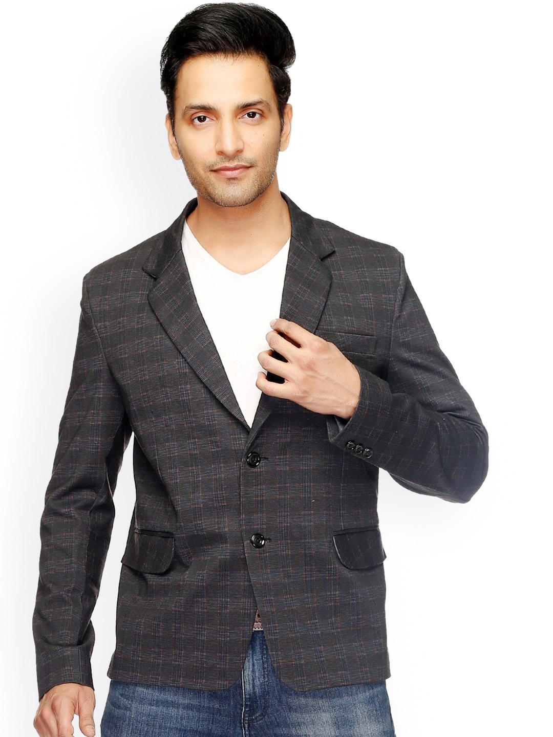 

MABYN Men Grey Checked Single Breasted Blazer