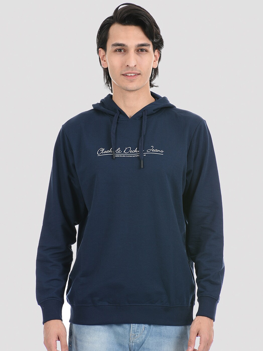 

Cloak & Decker by Monte Carlo Men Blue Printed Hooded Sweatshirt