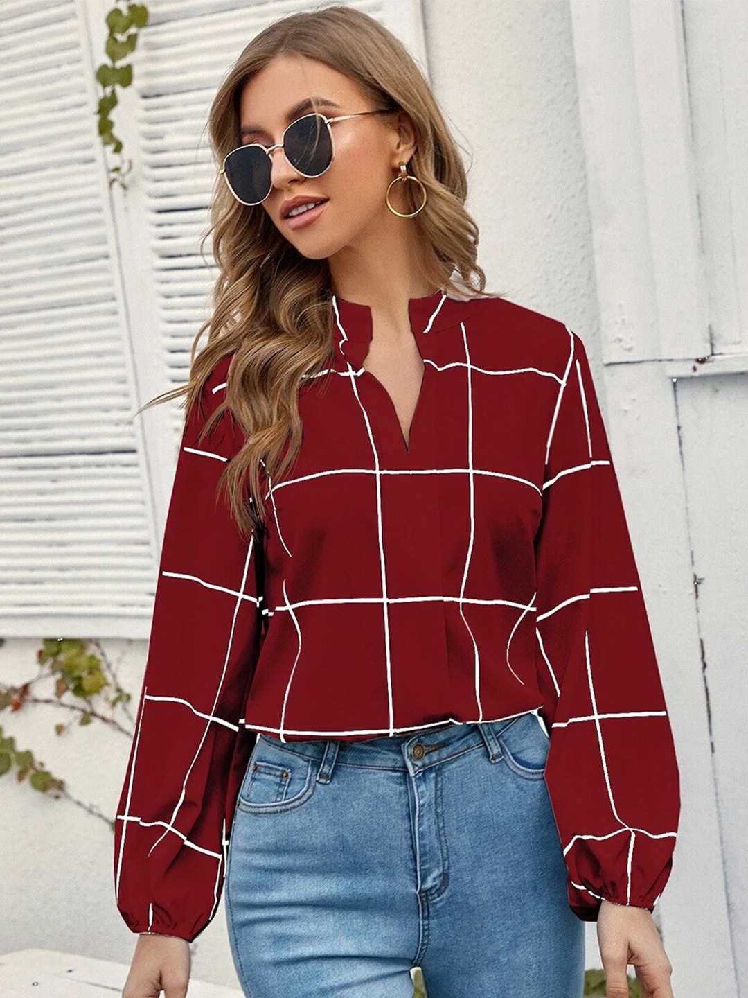 

BoStreet Women Red Checked Mandarin Collar Shirt Style Top