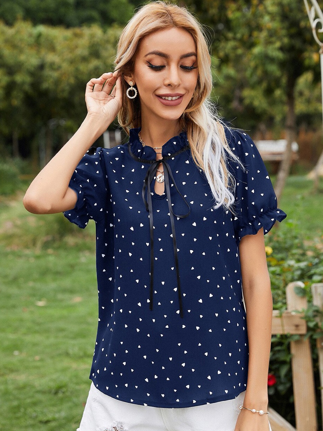 

StyleCast Women Blue Printed Tie-Up Neck Top