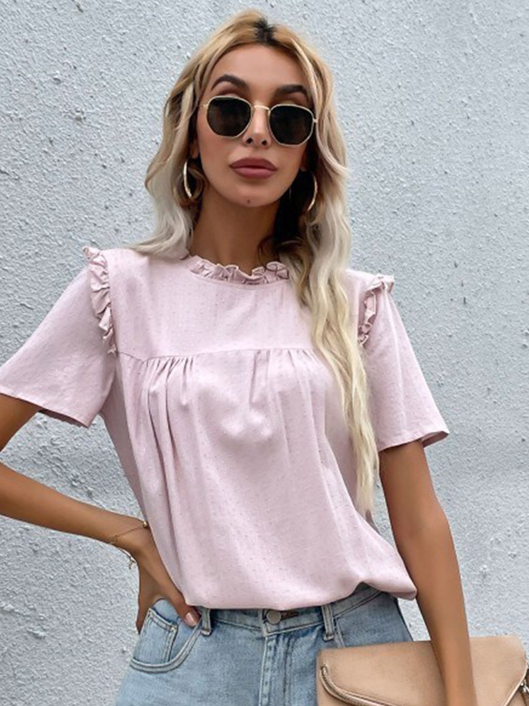 

StyleCast Pink Self Design Dobby Short Sleeves Ruffles Top