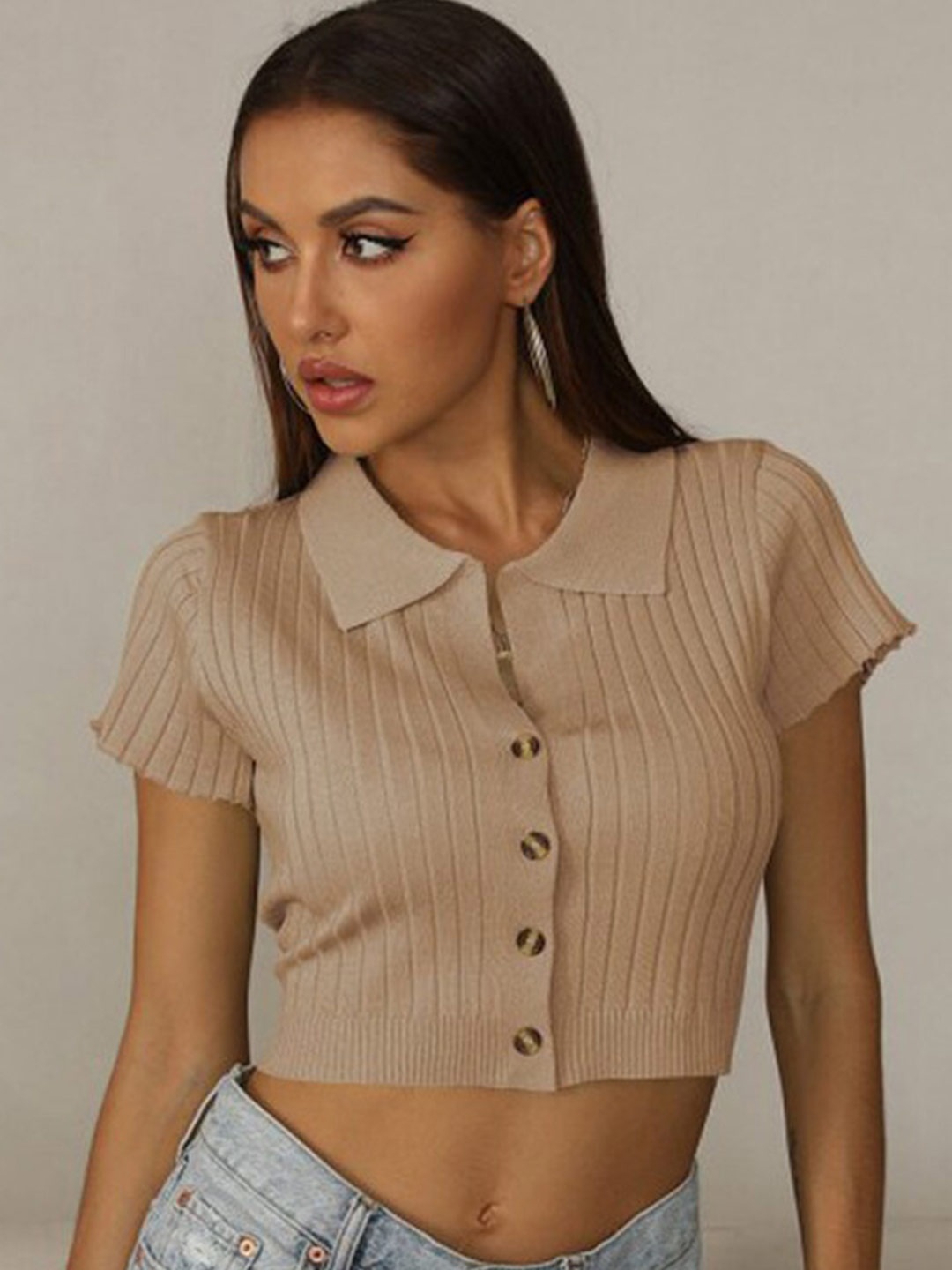 

BoStreet Brown Striped Shirt Style Solid Crop Top