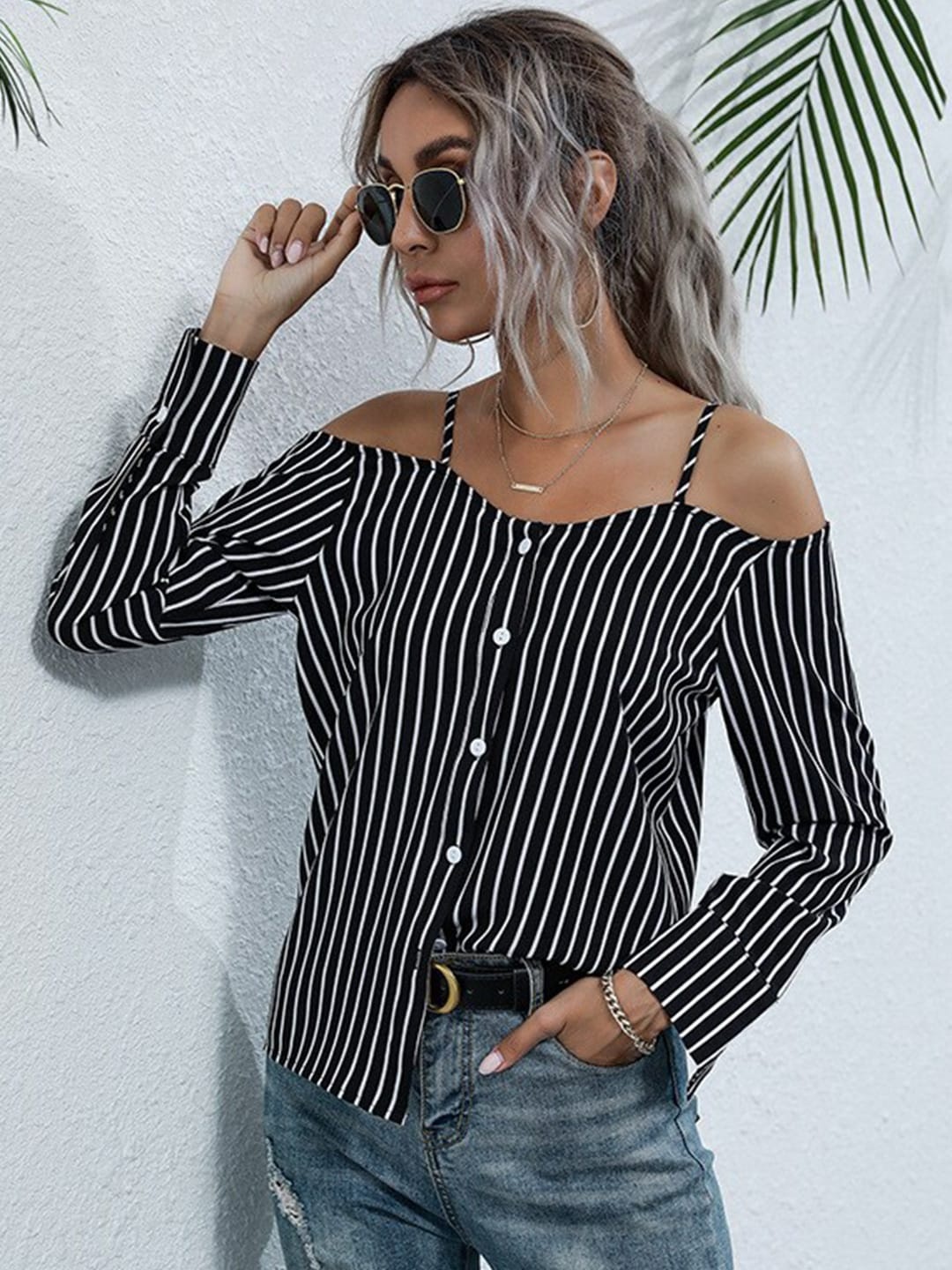 

StyleCast Black & White Striped Monochrome Shirt Style Top