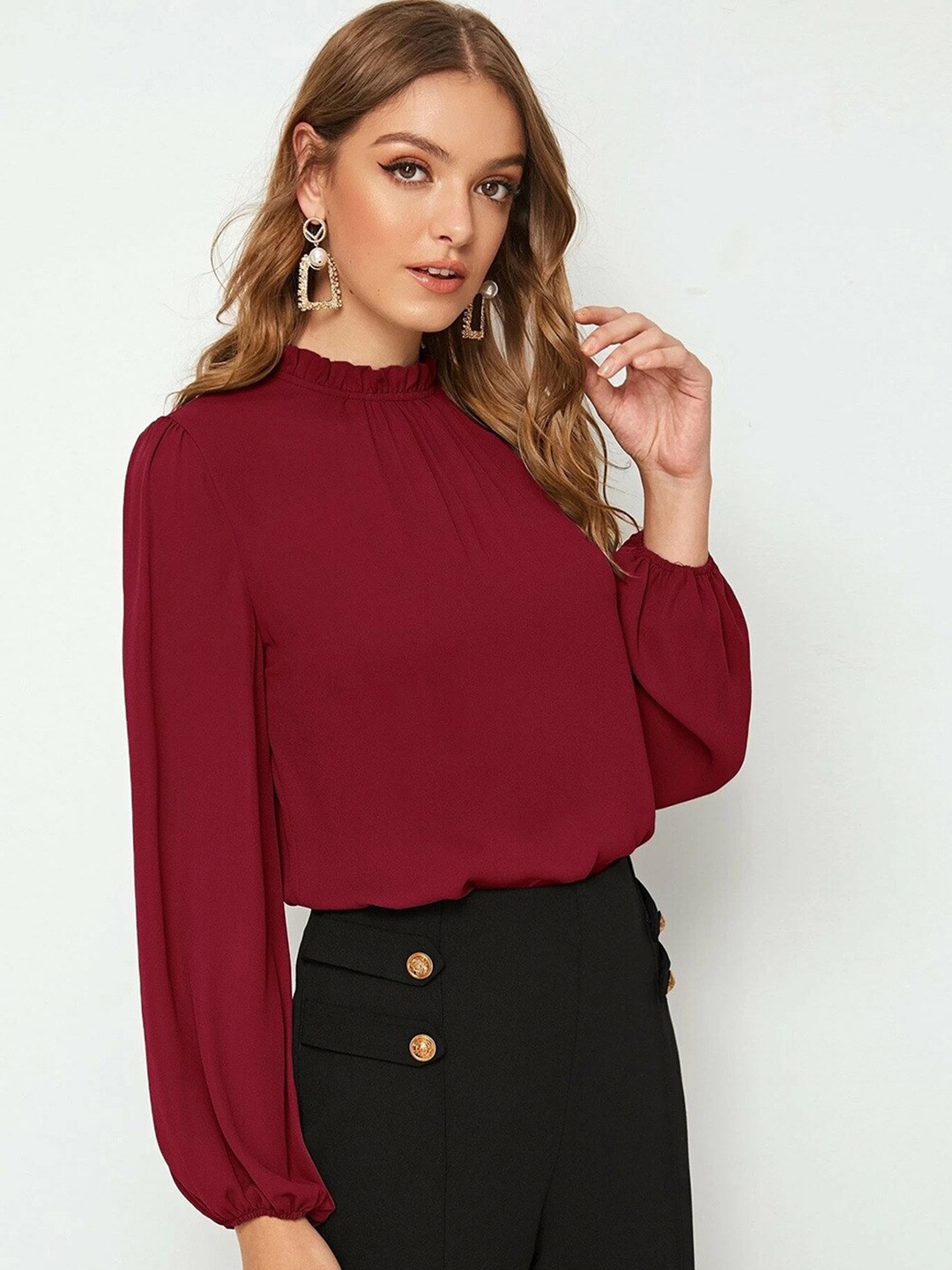 

BoStreet Maroon Solid High Neck Puff Sleeves Top