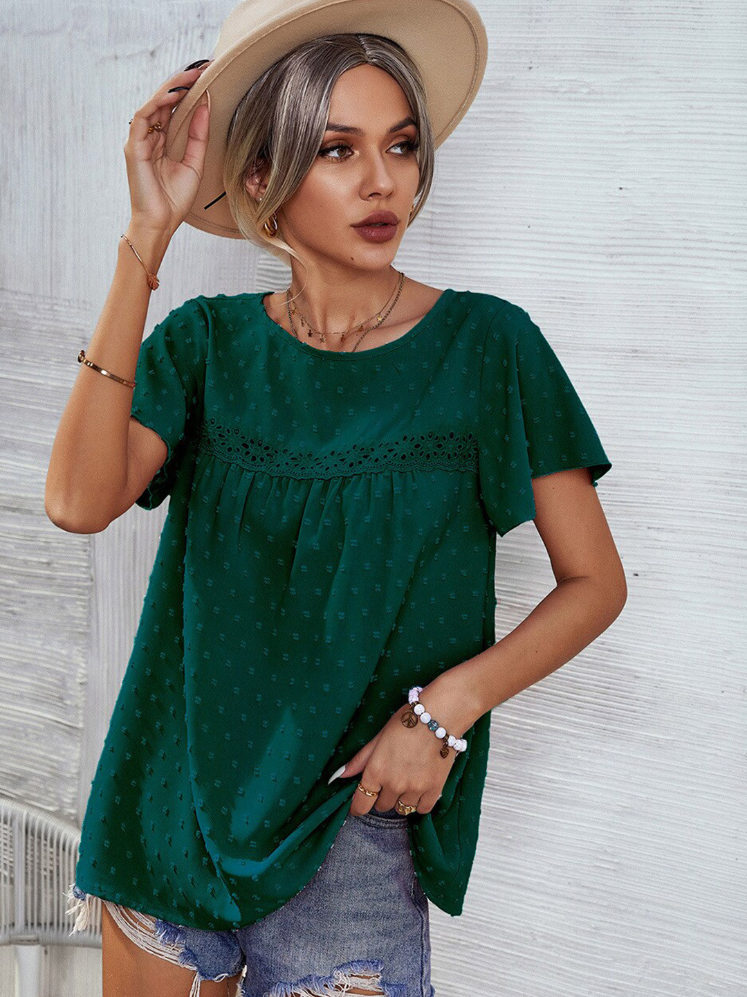 

BoStreet Green Round neck Solid Regular Top